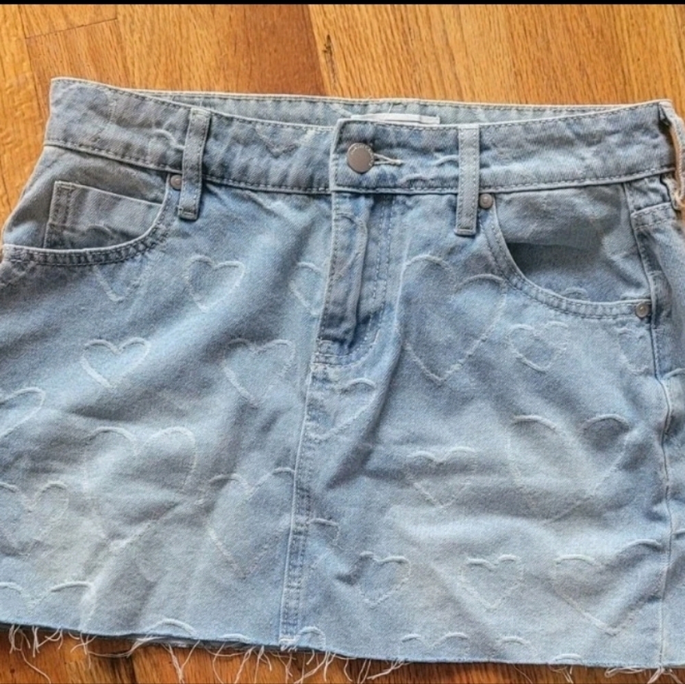 Mini Skirt Denim Size 3 Hearts Distressed Blue Denim Y2k Punk Bimbocore